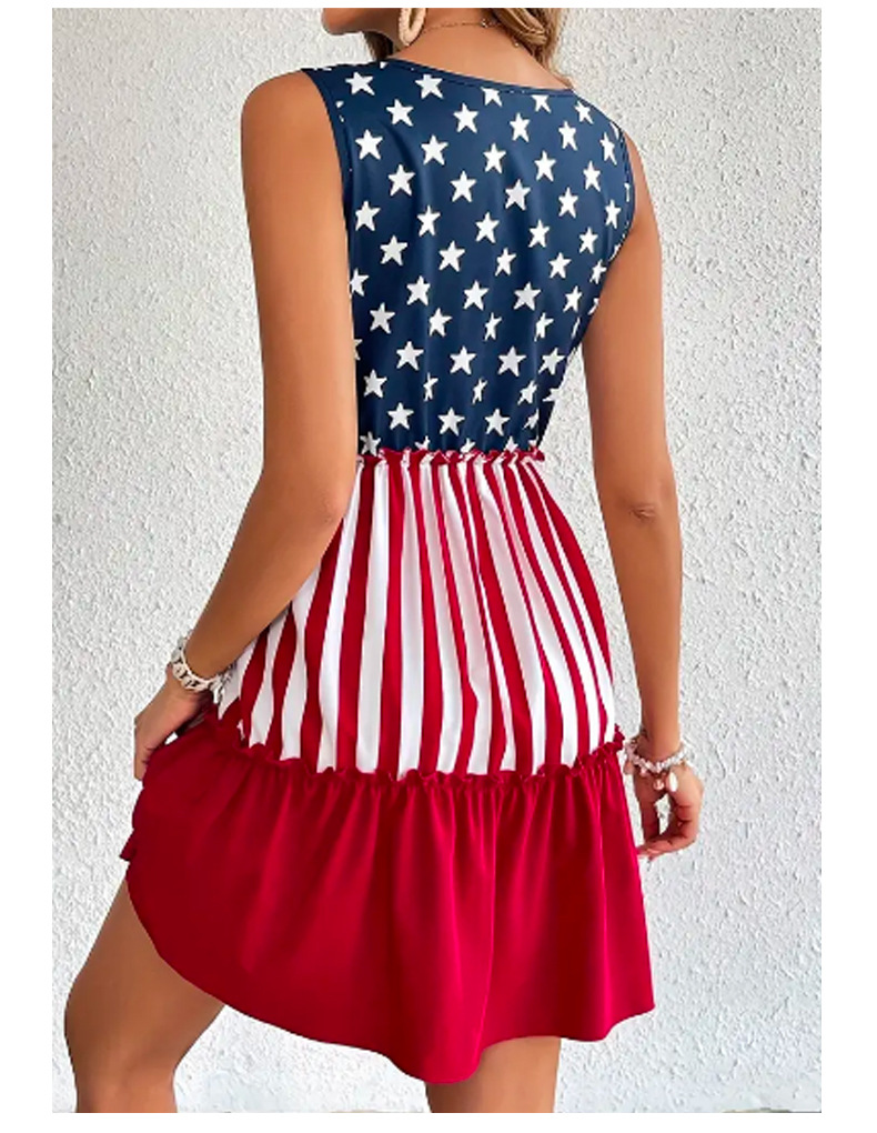 American Flag Sleeveless Mini Dress - Elegant V-neck Ruffled Hem Short Skirt